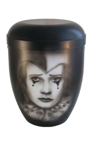 Bio Urne glänzend schwarz Airbrush trauriger Clown Einzelstück handarbeit kaufen privat schön