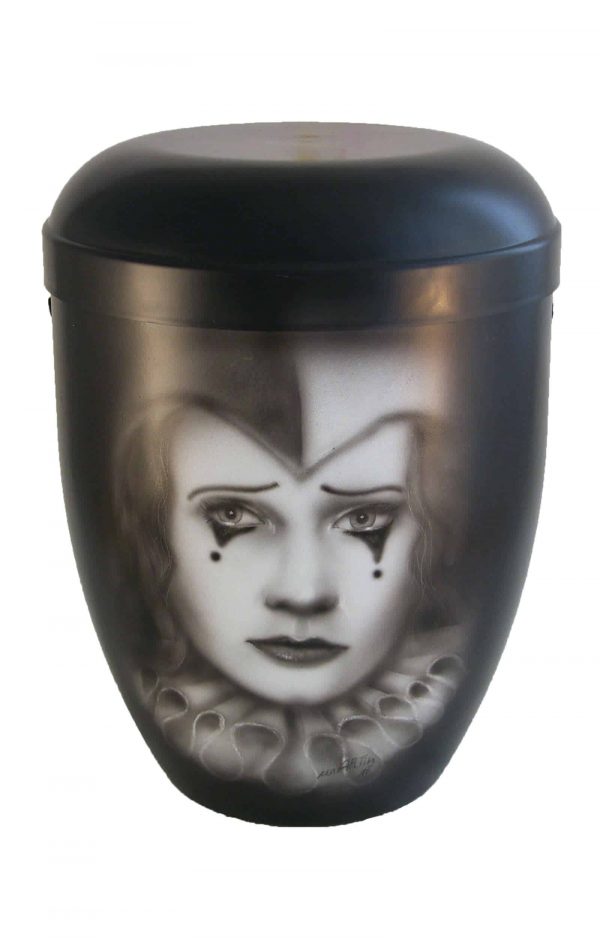 Bio Urne glänzend schwarz Airbrush trauriger Clown Einzelstück handarbeit kaufen privat schön