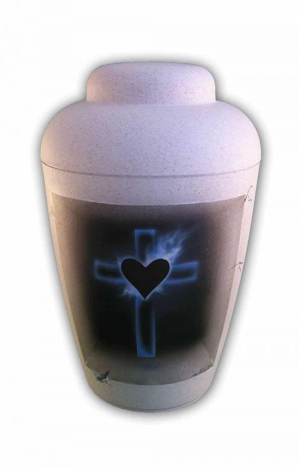 ✯ Bio Urne Airbrush Kreuz und Herz blau schwarz weiss Urnen kaufen ✔