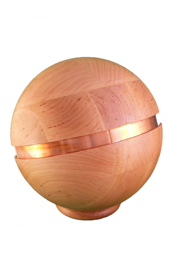 Urne aus Holz, holzurne mit metallband, Kugelförmige Urne