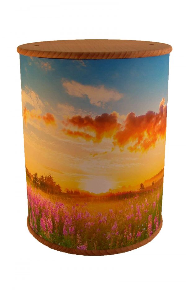 Schöne Biourne Zylinder rundum bedruckt Lavendel Feld Himmel- Urne kaufen Urnen günstig