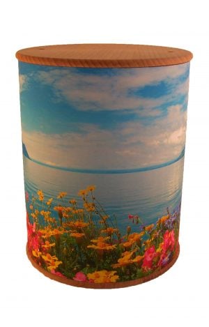 Schöne Biourne Zylinder rundum bedruckt Blumen See- Urne kaufen Urnen günstig