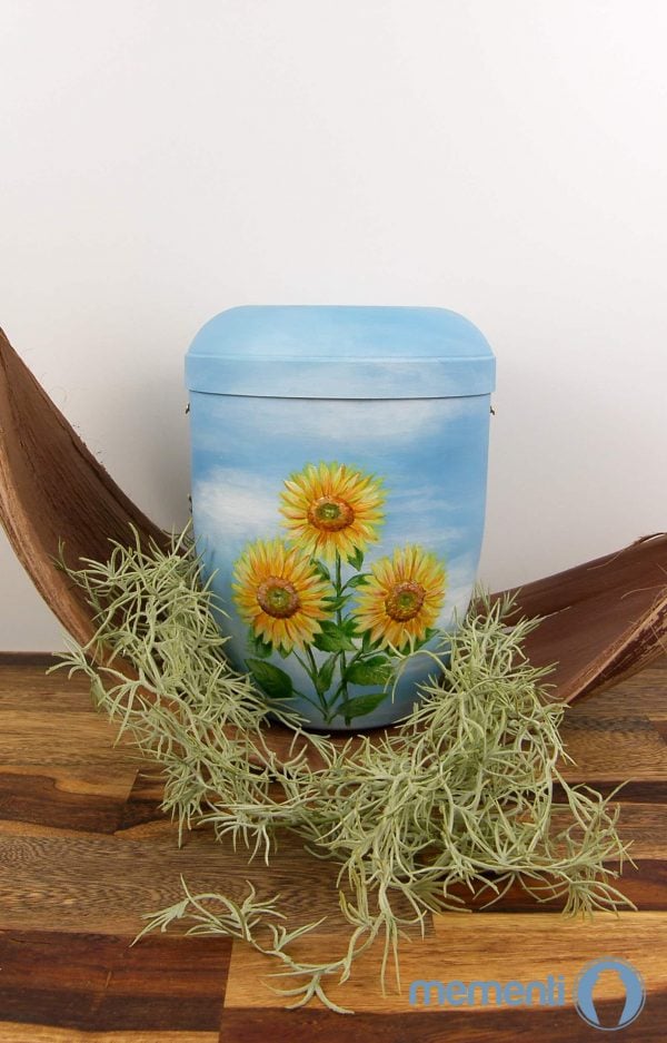 Bio Urne blau mit Sonnenblumen - von Hand bemalt mit Dekoration