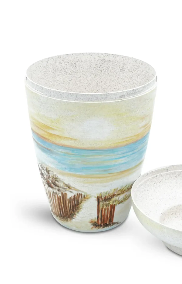 Bio Urne handbemalt mit Dünen, Weg zum Strand und Sonnenuntergang geöffnet