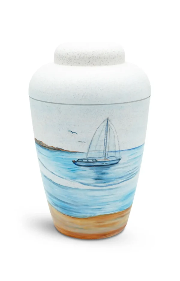 Bio Urne handbemalt mit Segelboot auf dem Meer