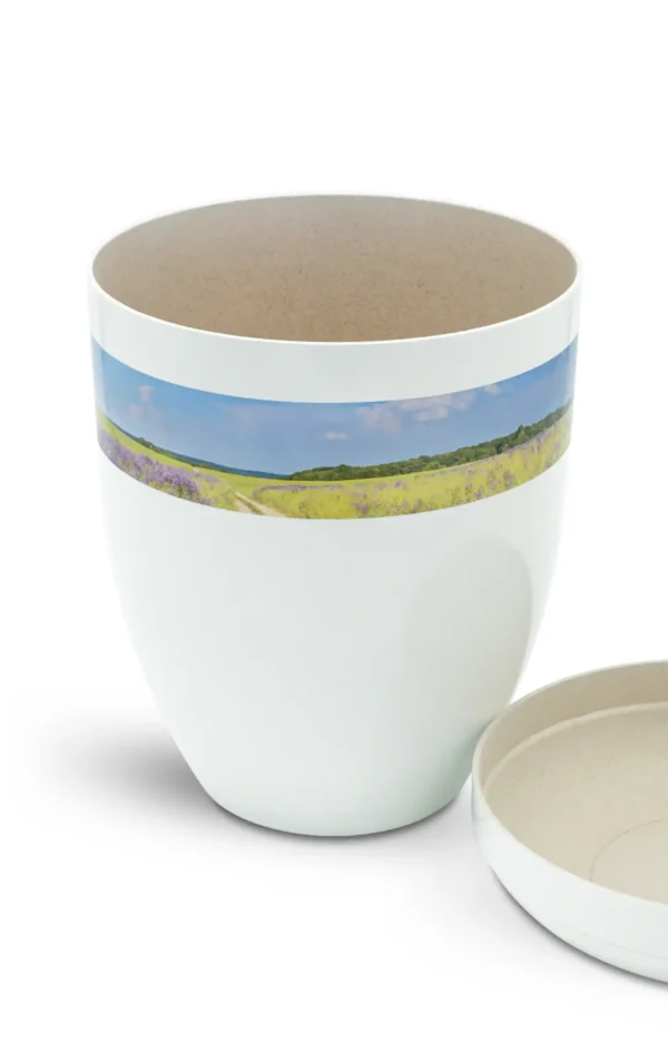 Fotourne mit Blumenfeld und blauem Himmel geöffnet