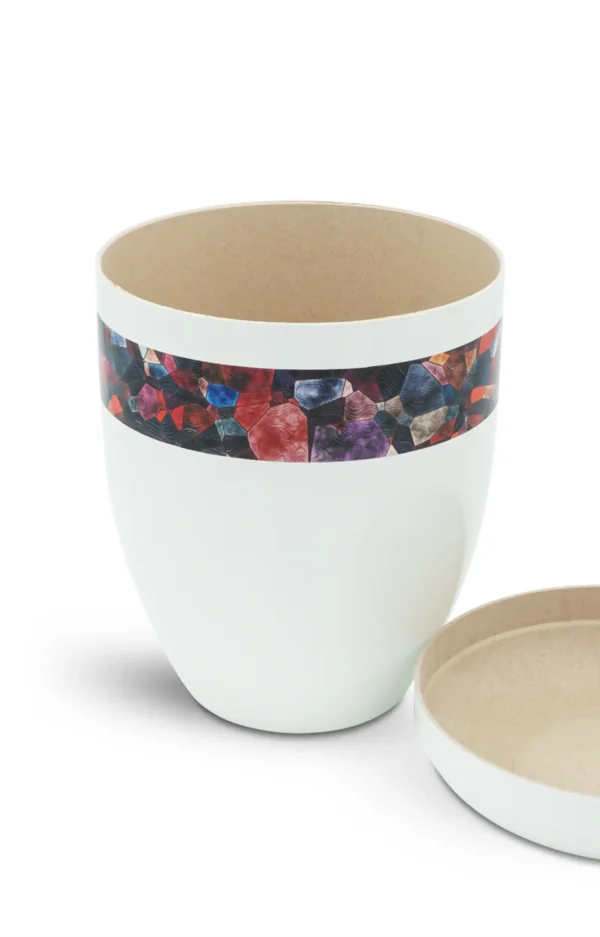 Fotourne mit abstraktem Mosaik Motiv in rot und violett geöffnet