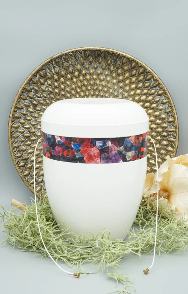 Fotourne mit abstraktem Mosaik Motiv in rot und violett mit Ablassschnur