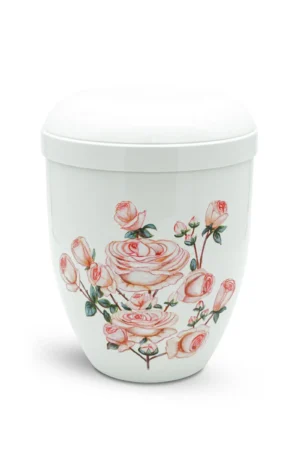 Bio Urne handbemalt weiß mit rosa Rosen