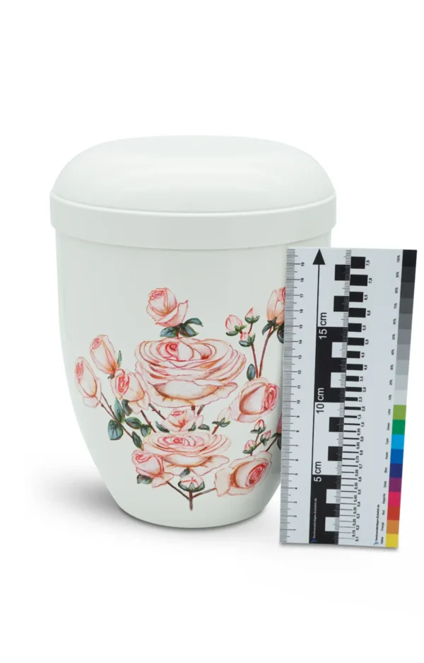 Bio Urne handbemalt weiß mit rosa Rosen mit Maßstab und Farbskala