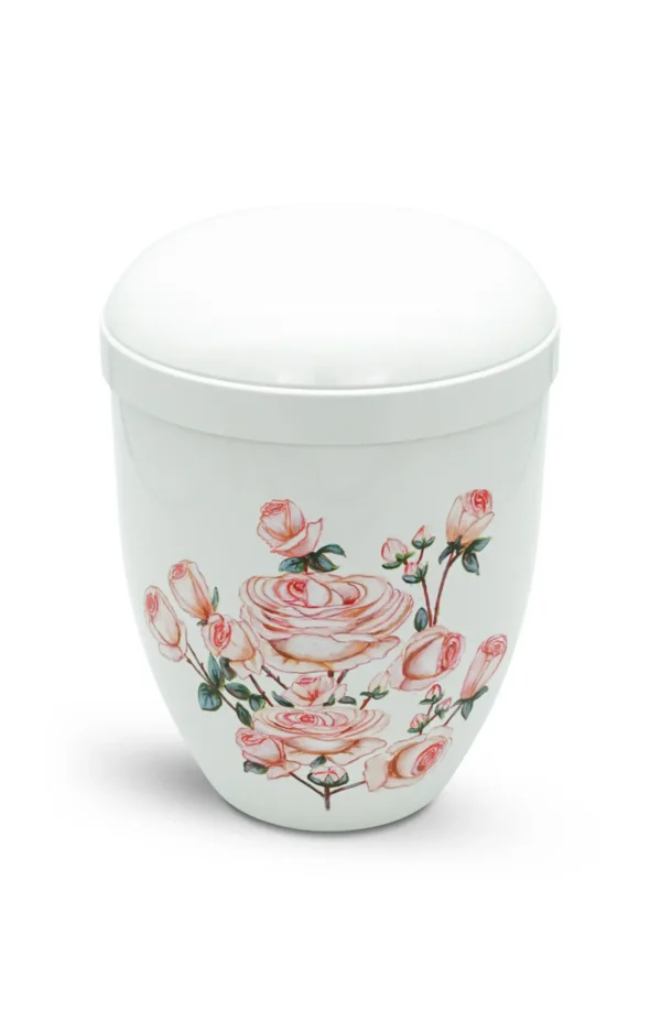 Bio Urne handbemalt weiß mit rosa Rosen
