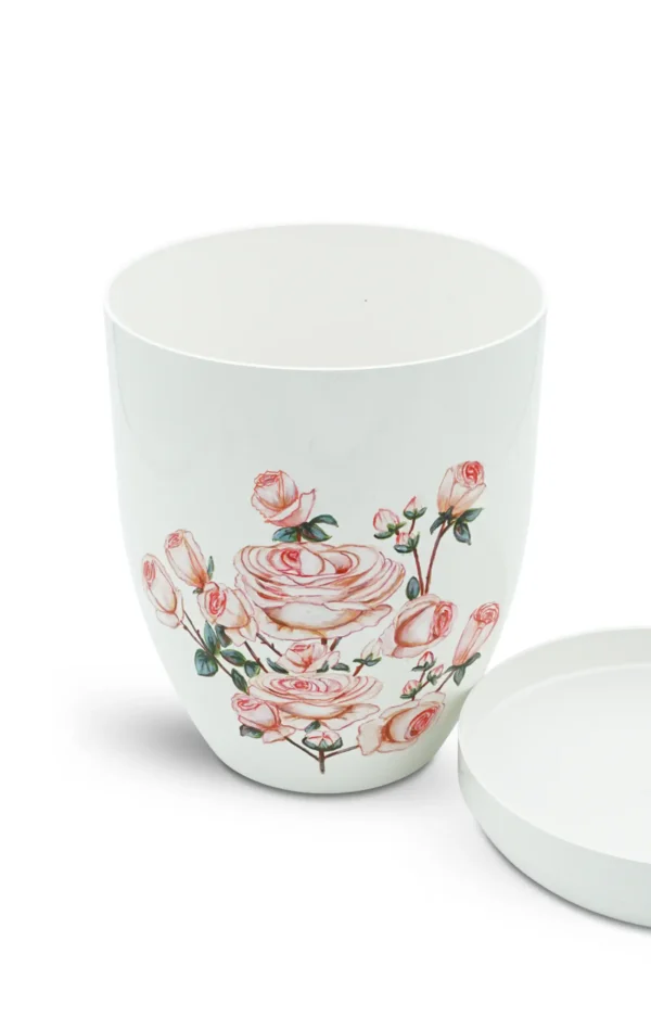 Bio Urne handbemalt weiß mit rosa Rosen geöffnet