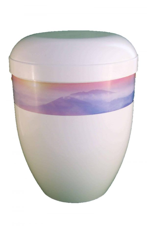 Panorama Bio Urne weiss ✓ glänzend ✓ Berge im Sonnenaufgang ➥