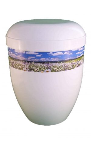 Bio Urne weiss glänzend ✓ Panorama Blumen Wiese ჱܓ einfach Urnen online kaufen →