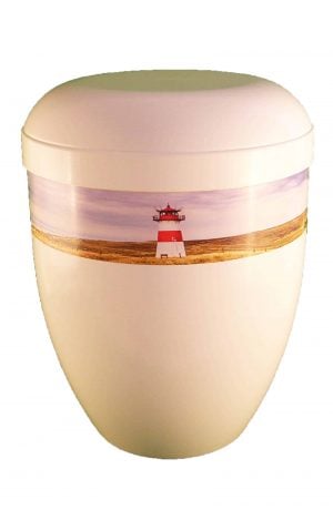 Panorama Urne weiß mit Leuchtturm an Küste - schöne Urnen kaufen