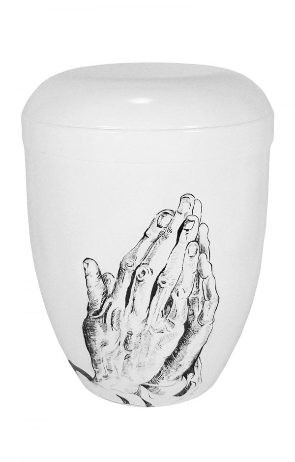 Weiße Bio Urne mit betenden Händen