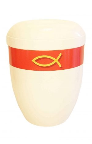 Ichtys Symbol in gelb mit Roter bandarole auf weißer Bioruen