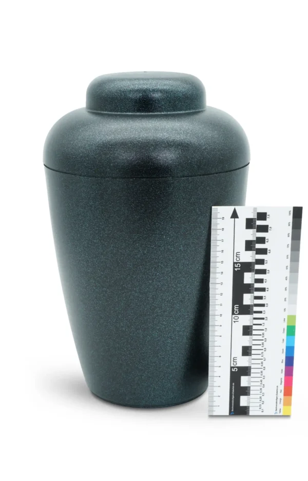 Bio Urne VALE schwarz mit blauem Glitzer mit Maßstab und Farbskala
