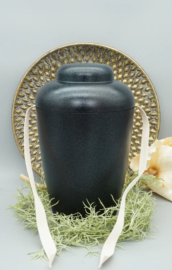 Bio Urne VALE schwarz mit blauem Glitzer mit Ablassschnur