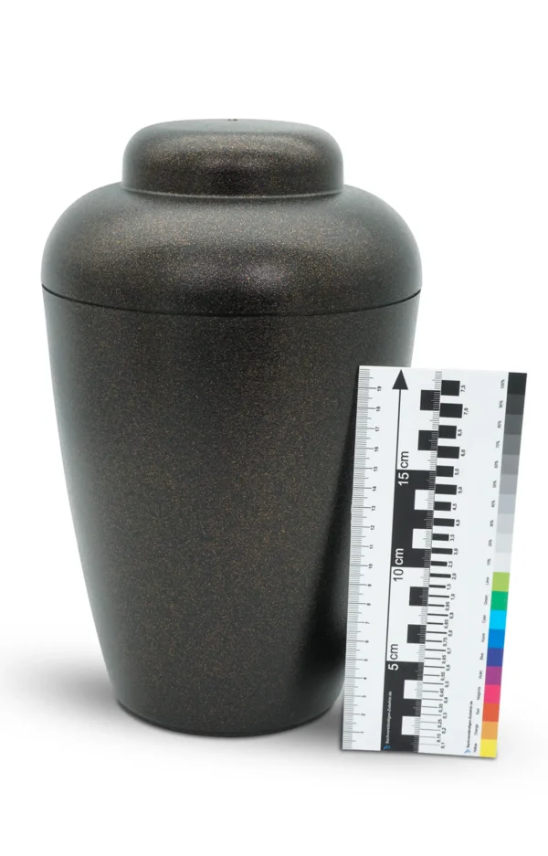 Bio Urne VALE schwarz gold Glitzer mit Maßstab und Farbskala