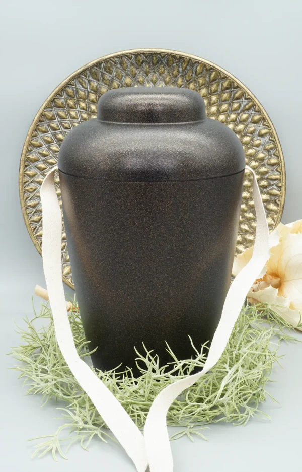 Bio Urne VALE schwarz gold Glitzer mit Ablassschnur