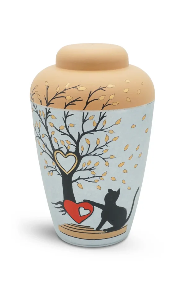 Bio Urne für Tiere handbemalt mit Katze Herz und Baum