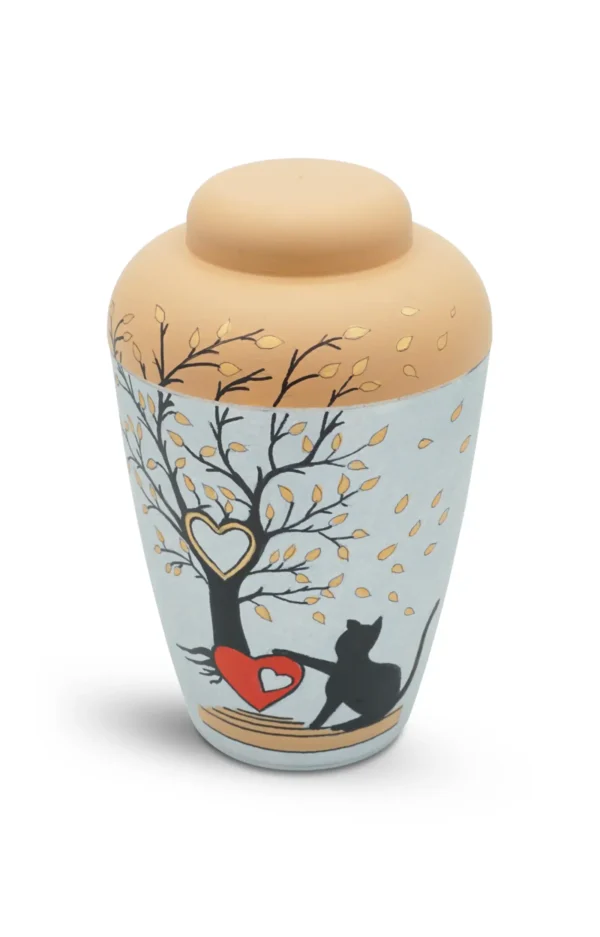 Bio Urne für Tiere handbemalt mit Katze Herz und Baum