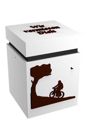 Bio Holzurne mit Schriftzug Wir vermissen dich und Fahrrad
