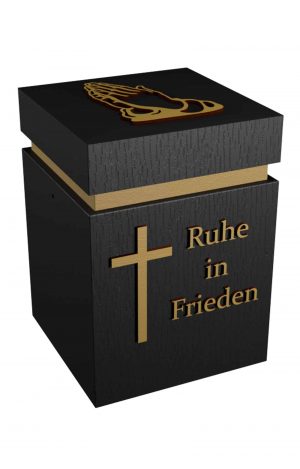 Bio Holz Urne mit Schriftzug Ruhe in Frieden und betenden Händen