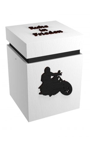 Biologisch abbaubare Urne mit Schriftzug Ruhe in Frieden und Motorrad