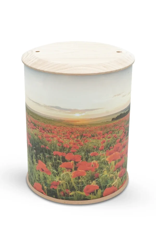 Fotourne mit Holzdeckel und Holzboden mit Mohnblumenfeld bedruckt