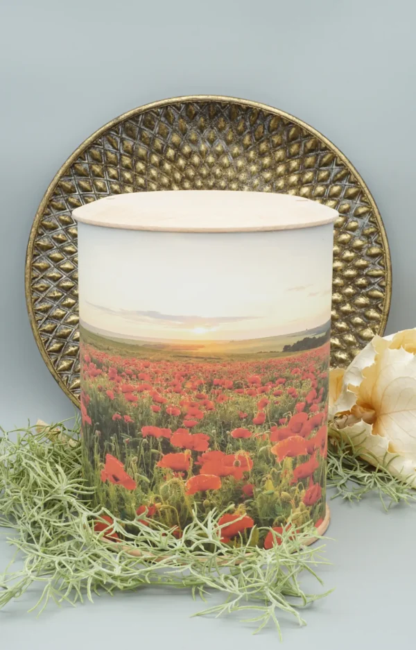 Fotourne mit Holzdeckel und Holzboden mit Mohnblumenfeld bedruckt mit dekorativem Hintergrund