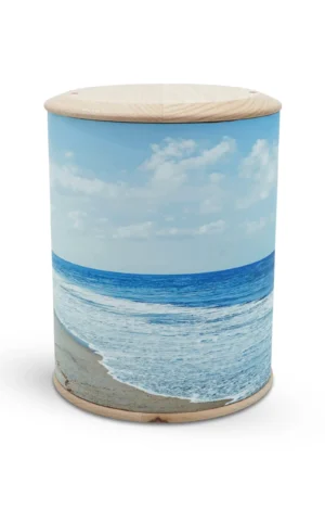 Fotourne mt Holzboden und Holzdeckel mit Meer und blauem Himmel bedruckt