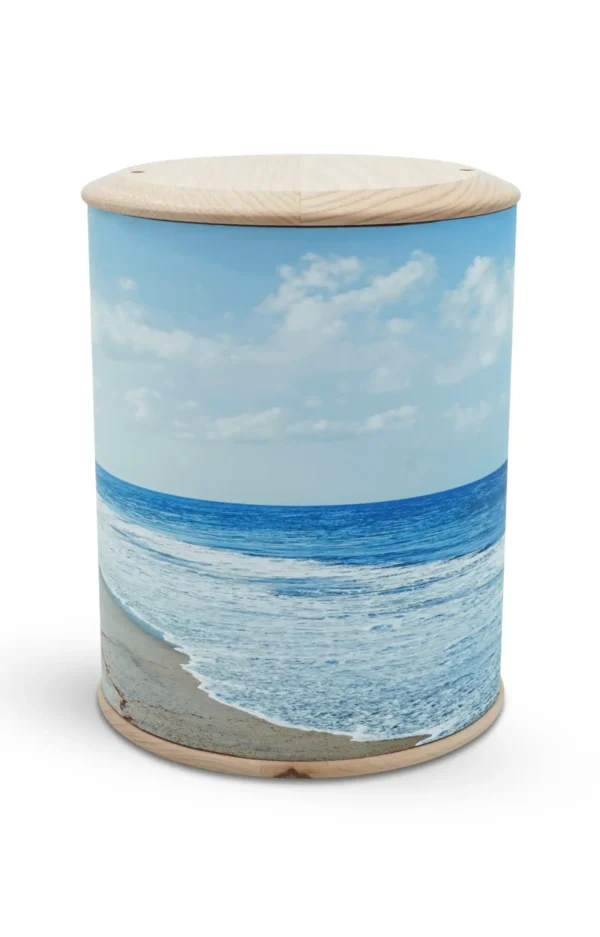 Fotourne mt Holzboden und Holzdeckel mit Meer und blauem Himmel bedruckt