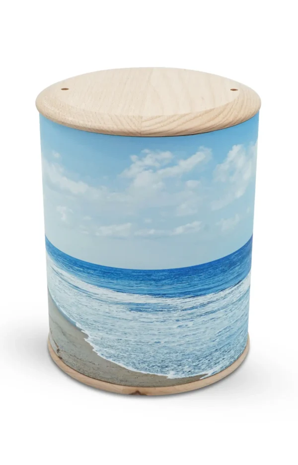 Fotourne mt Holzboden und Holzdeckel mit Meer und blauem Himmel bedruckt