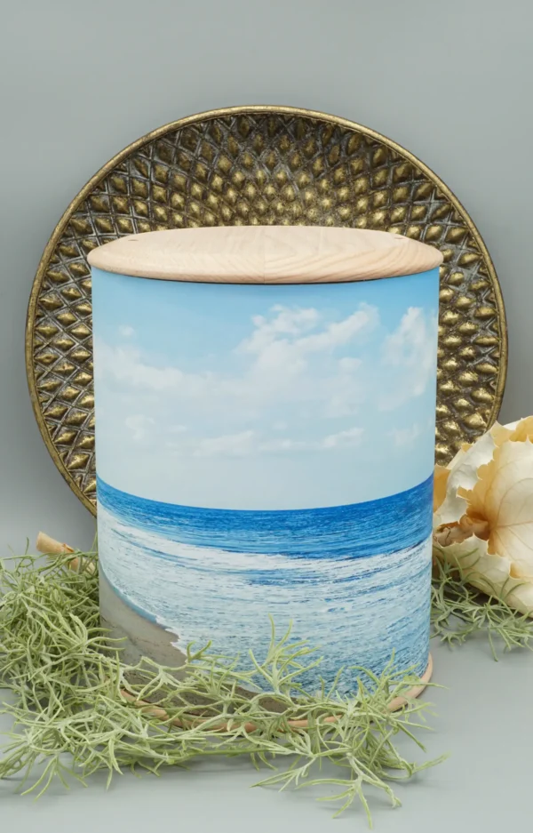 Fotourne mt Holzboden und Holzdeckel mit Meer und blauem Himmel bedruckt mit dekorativem Hintergrund