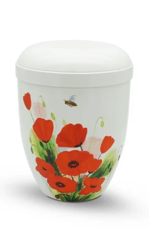 Bio Urne handbemalt weiß mit roten Mohnblumen und einer Biene