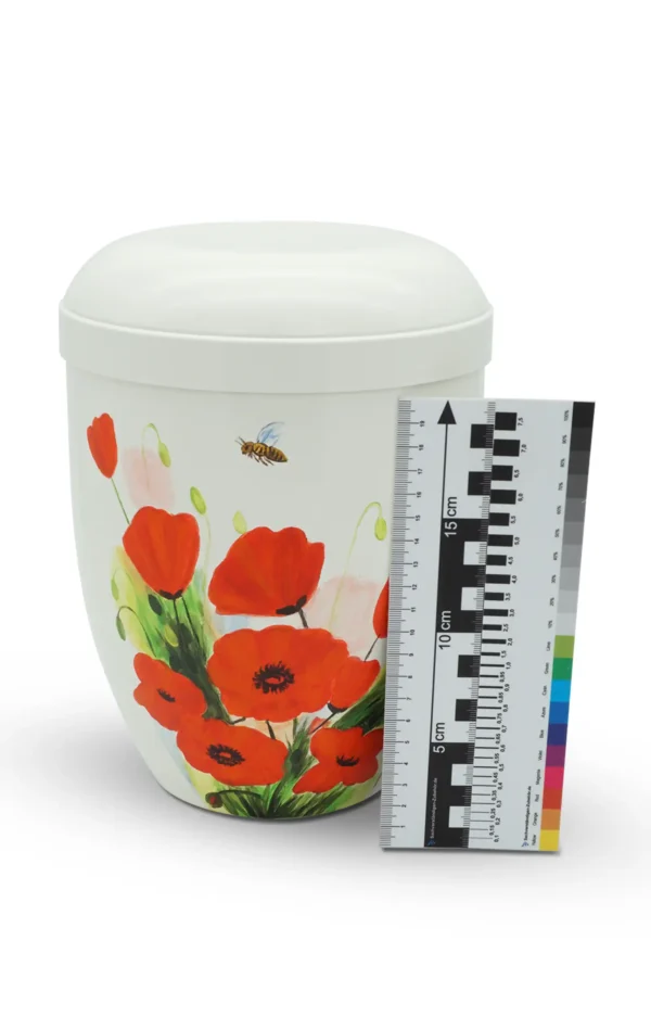 Bio Urne handbemalt weiß mit roten Mohnblumen und einer Biene mit Maßstab und Farbskala