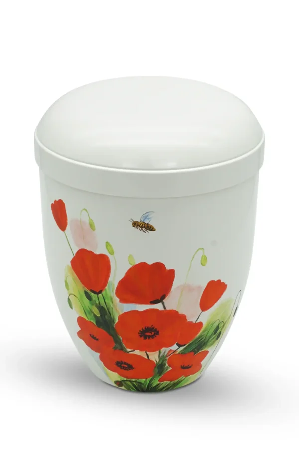 Bio Urne handbemalt weiß mit roten Mohnblumen und einer Biene