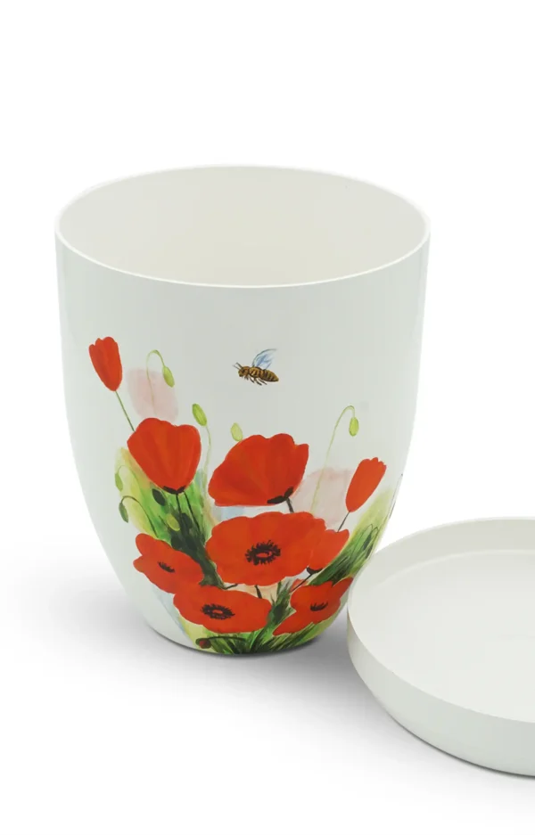 Bio Urne handbemalt weiß mit roten Mohnblumen und einer Biene geöffnet