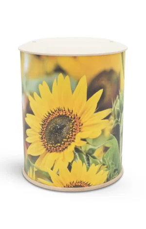 Fotourne mit Sonnenblumen Motiv rundum bedruckt mit Holzdeckel und Holzboden