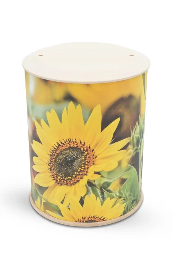 Fotourne mit Sonnenblumen Motiv rundum bedruckt mit Holzdeckel und Holzboden