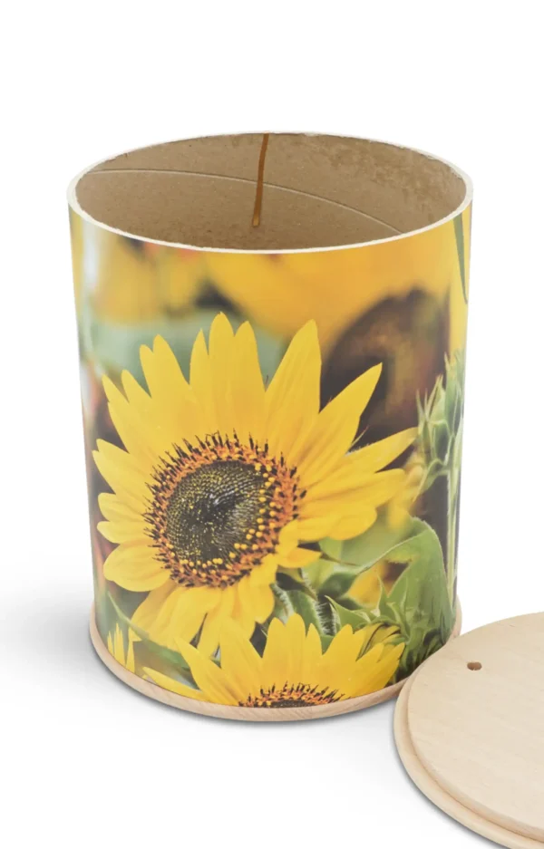 Fotourne mit Sonnenblumen Motiv rundum bedruckt mit Holzdeckel und Holzboden geöffnet