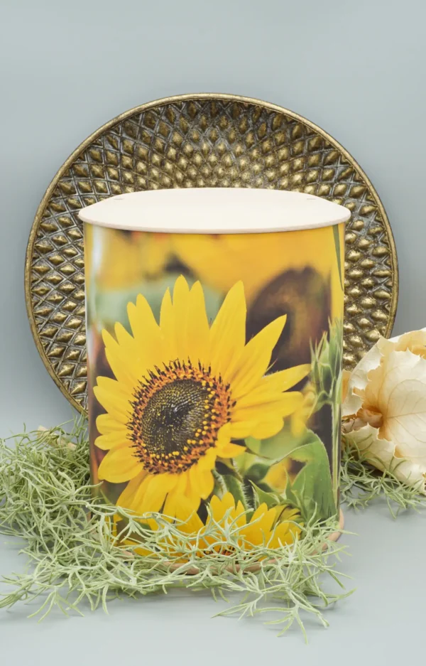 Fotourne mit Sonnenblumen Motiv rundum bedruckt mit Holzdeckel und Holzboden mit dekorativem Hintergrund