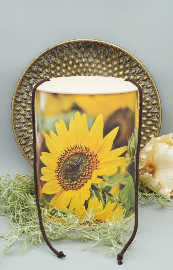 Fotourne mit Sonnenblumen Motiv rundum bedruckt mit Holzdeckel und Holzboden mit Ablassschnur