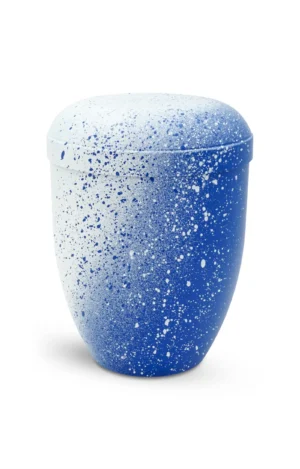 Bio Urne handbemalt blau weiß mit Farbsprenkel