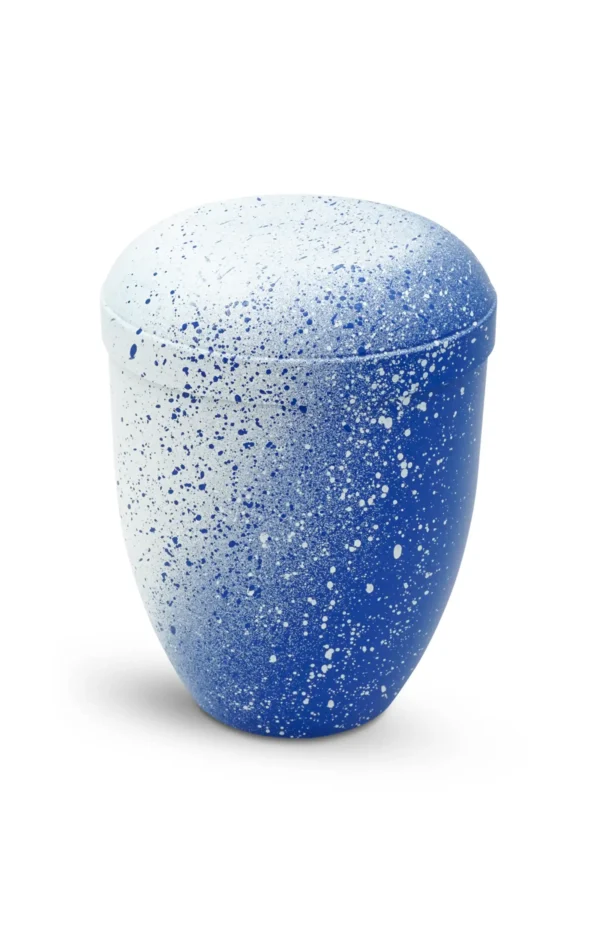 Bio Urne handbemalt blau weiß mit Farbsprenkel