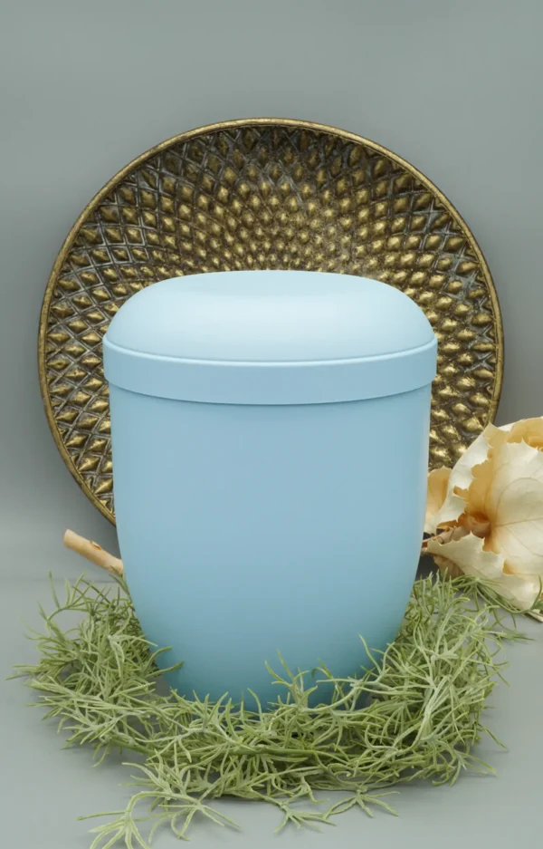 Bio Urne handbemalt hellblau mit dekorativem Hintergrund