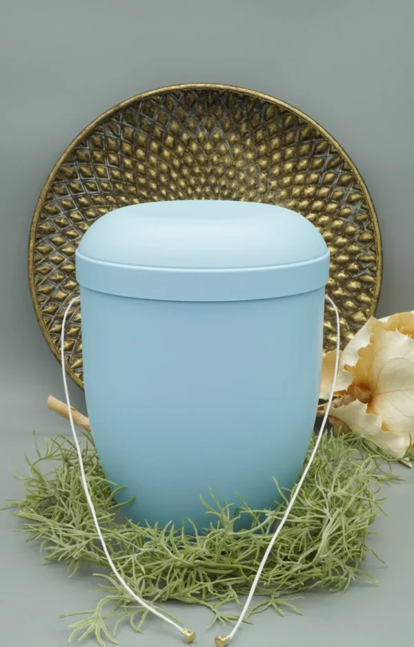 Bio Urne handbemalt hellblau mit Ablassschnur