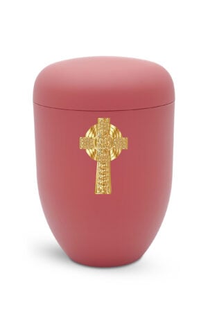 Bio-Urne rot mit goldenem Keltischem Kreuz